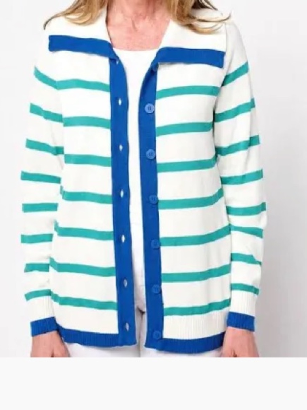 Belle by Kim Gravel White Cardigan with Teal & Royal Blue Stripes SU26B
